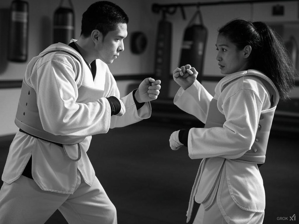 The physical benefits of Taekwondo.  Two Taekwondo Students Sparring
